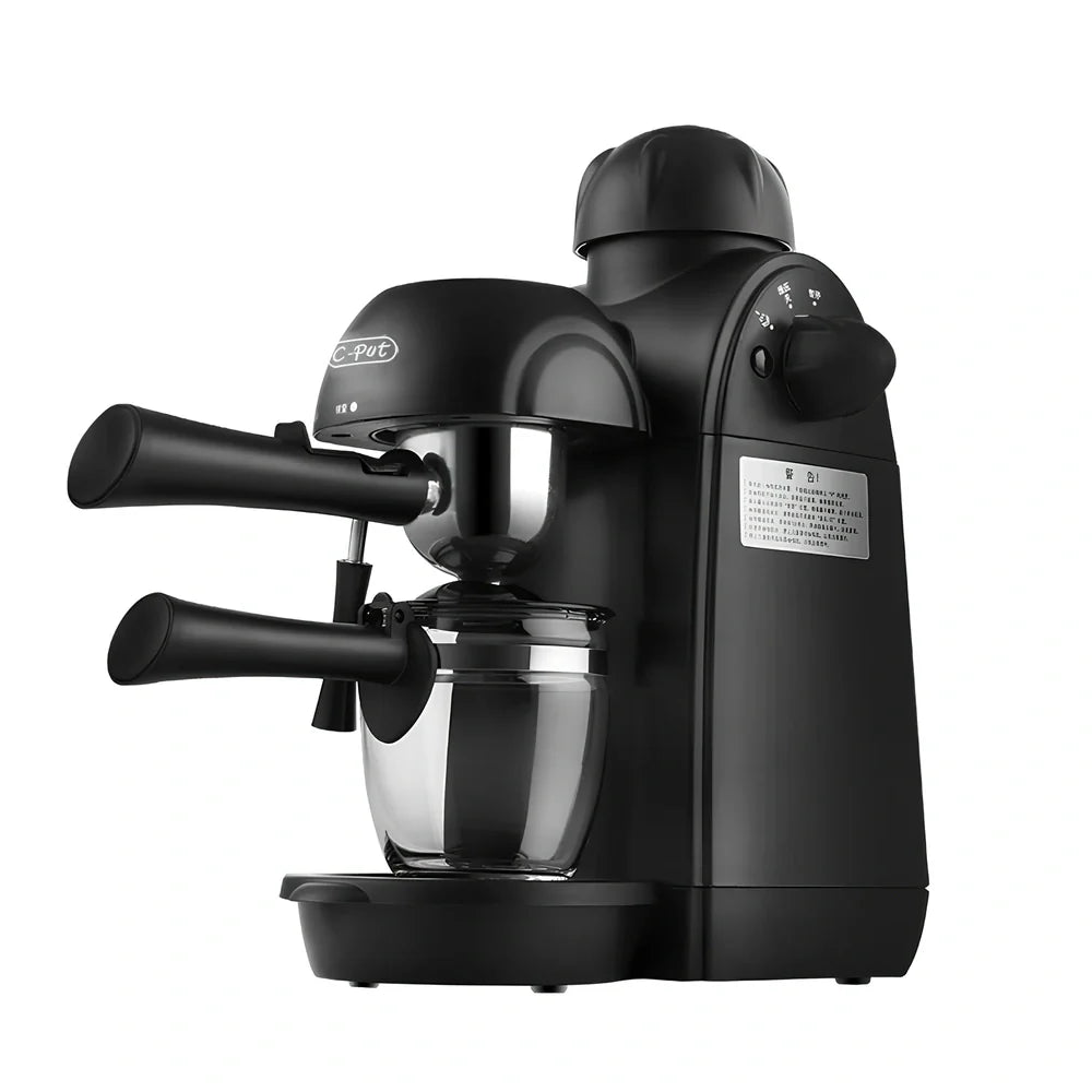 Black home mini espresso machine with Italian-style design and steam-powered brewing system
