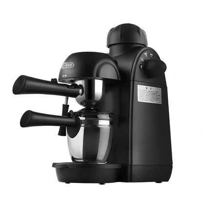 Black home mini espresso machine with Italian-style design and steam-powered brewing system