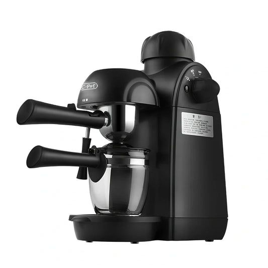 Black home mini espresso machine with Italian-style design and steam-powered brewing system