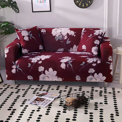 Elastic sofa cover with stripe pattern stretched over 3-seat sofa in living room setting