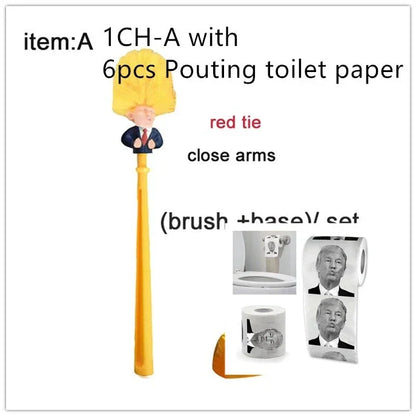 Comical Donald Trump-themed toilet brush made of durable plastic with a bold yellow color and convenient hanging slot