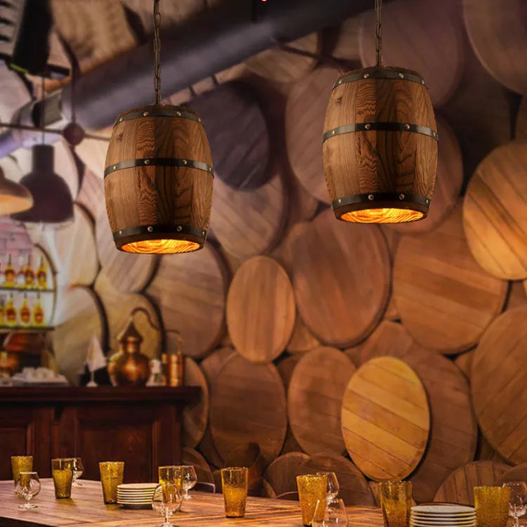 Wooden wine barrel chandelier with wood shade and light body, E27 LED fitting, adjustable 1.1m height, 33cm x 23cm x 33cm