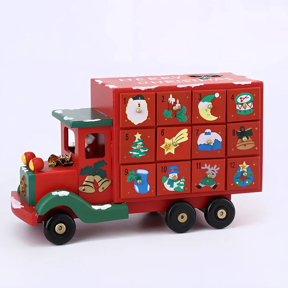 Handcrafted wooden Christmas window decorations showing nine designs including bears, houses, trees and vehicles
