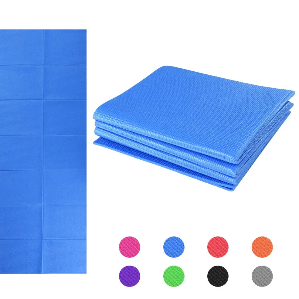 Blue folding yoga mat showing zipper system and handles with 173cm length measurement