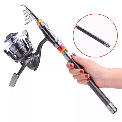 Telescopic carbon-fiber fishing rod set with spinning reel combo, compact and durable