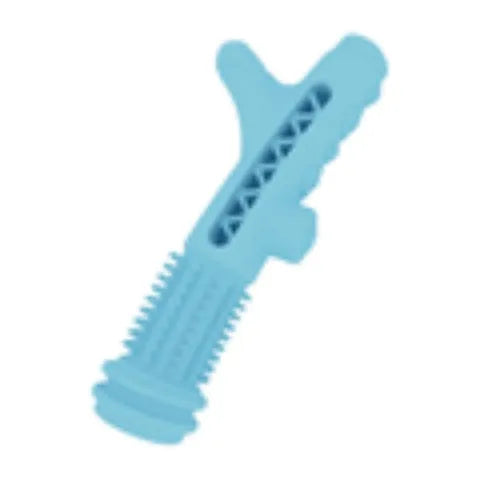 Blue TPR dental tree branch chew toy for small dogs on a white background.