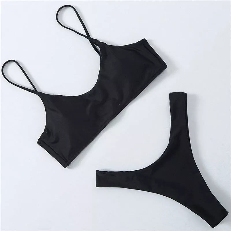 European and American split swimwear in nylon, available in Black, Blue, Coffee, and White