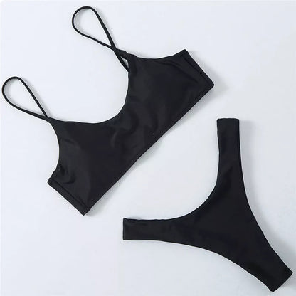 European and American split swimwear in nylon, available in Black, Blue, Coffee, and White
