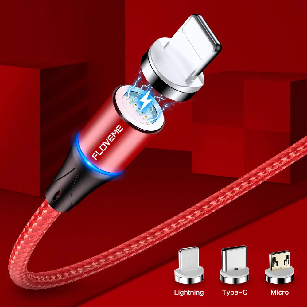 Black magnetic fast charge data cable with LED light and Type-C connector on a white background.