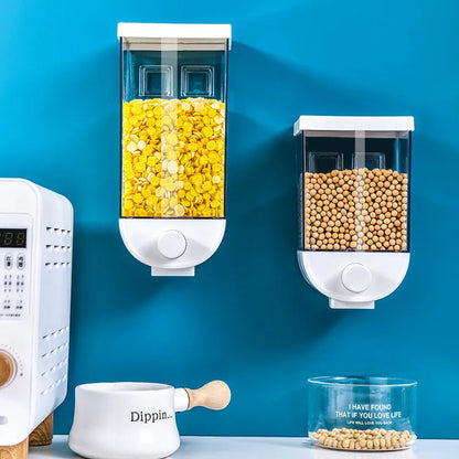 White wall mounted transparent food storage container with easy press cereal dispenser mechanism