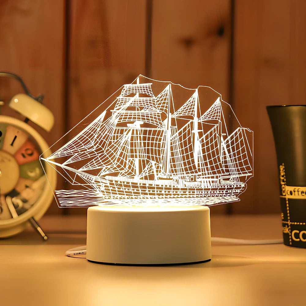 Creative USB bedside night light with acrylic castle scene, 20x17.5cm size, touch control for three light modes