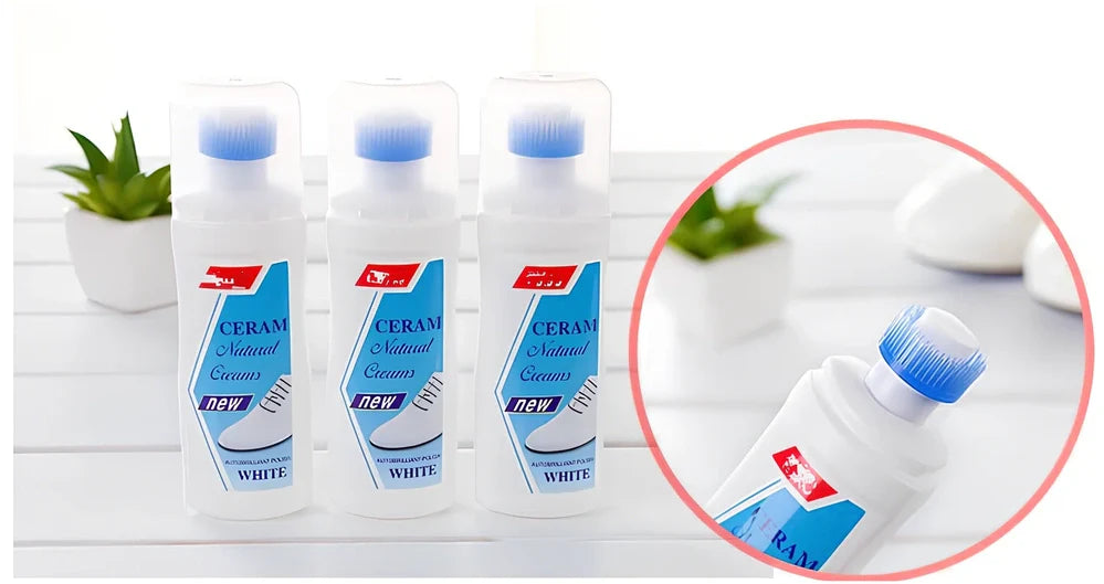 White liquid decontamination shoe cleaner bottle for stain removal and bacterial reduction on footwear