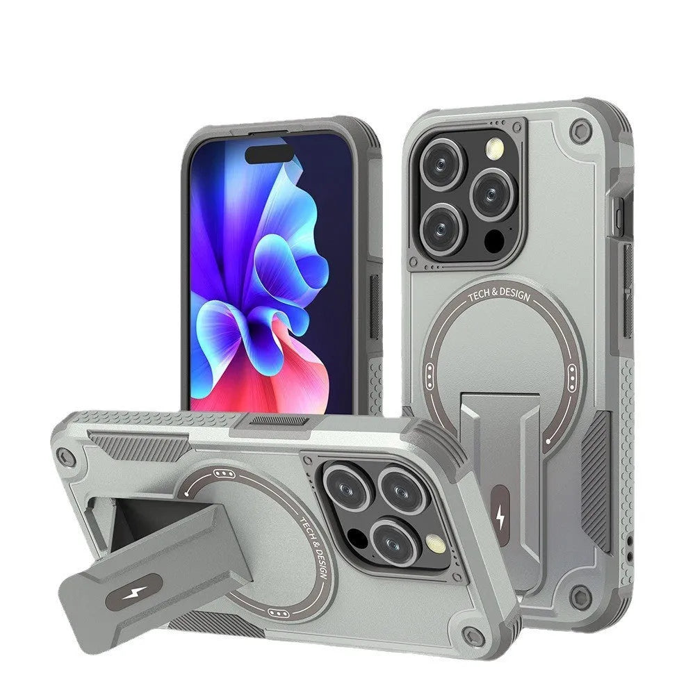 Magnetic invisible bracket phone case for iPhone 15 and 16 in Titan Gray with frosted finish and soft edge hard bottom.