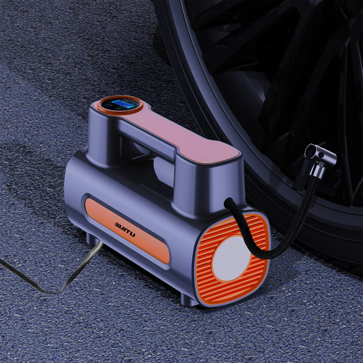Cordless portable car tyre inflator pump with digital LCD display on black ABS plastic body