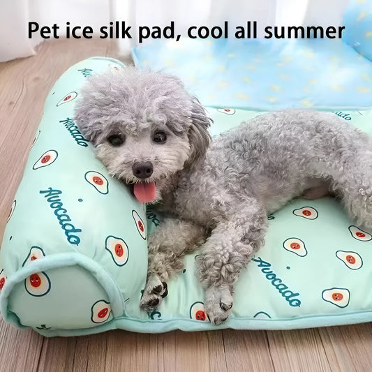 Pink blue green dog cooling mat on floor with pet, showing medium and large size options