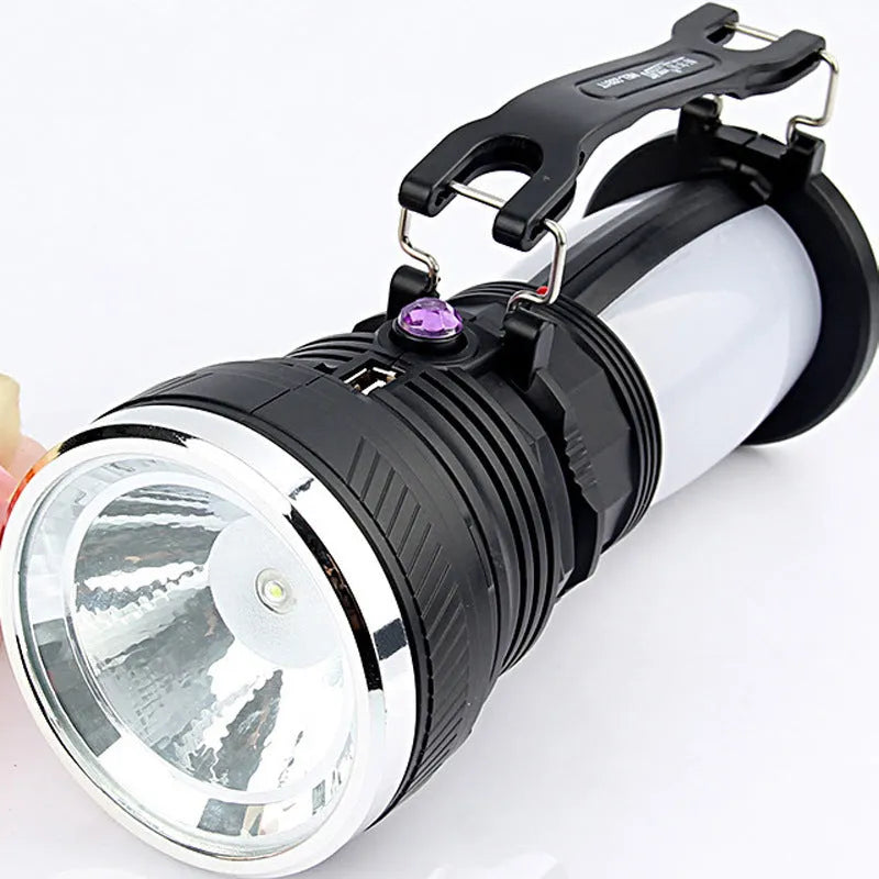 Solar-powered LED emergency torch with 800mAh battery, USB charging, and durable ABS construction for camping, hiking, and daily carry in black