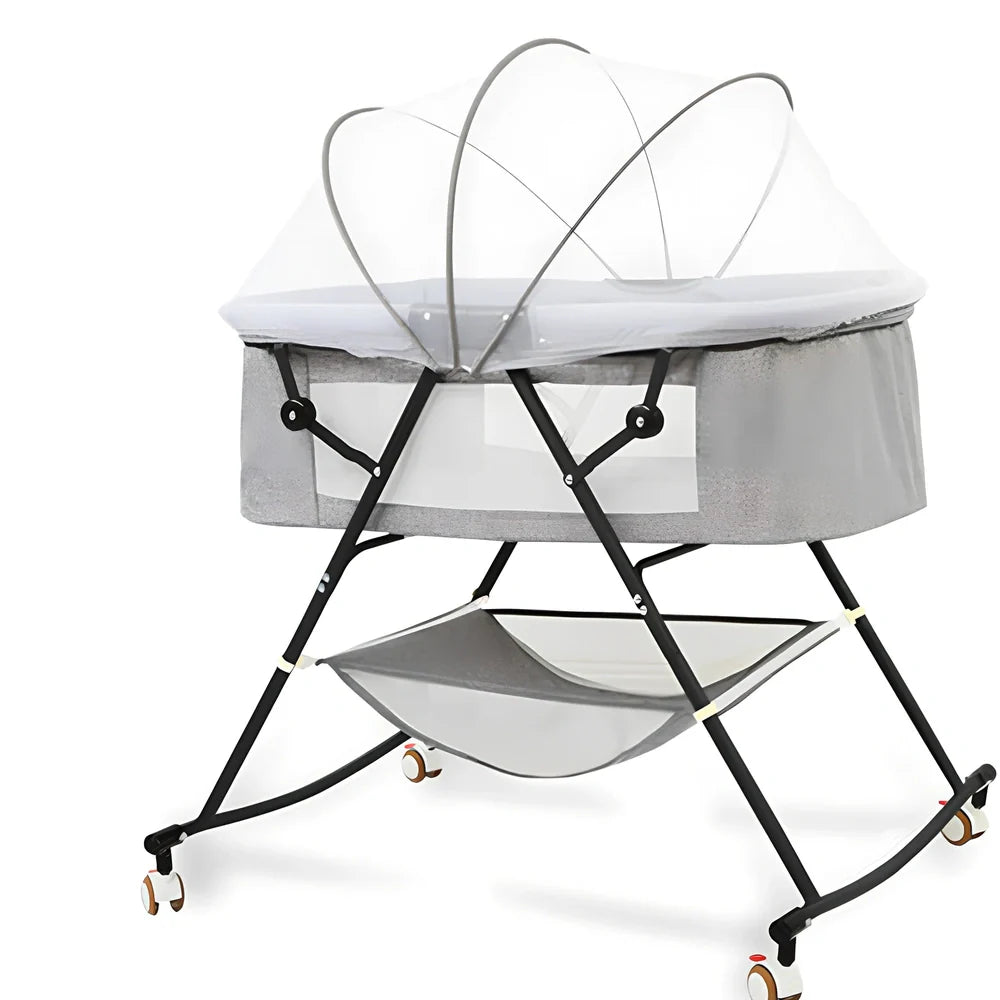 European foldable baby crib with mosquito net showing 54.5cm width and roller wheels
