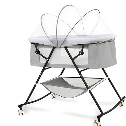 European foldable baby crib with mosquito net showing 54.5cm width and roller wheels