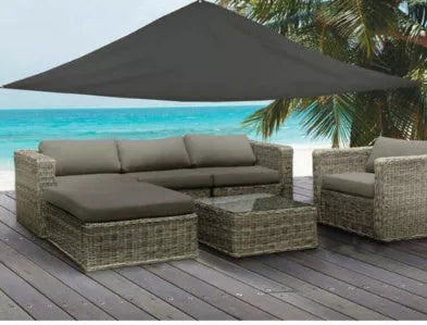 Triangle outdoor sunshade canopy in sand yellow and gray, sizes 300x300cm and 360x360cm