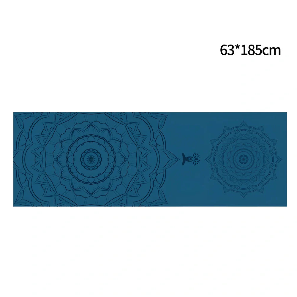 Blue anti-slip yoga mat with superfine fibre surface showing 65x185cm dimensions and 0.4mm thickness