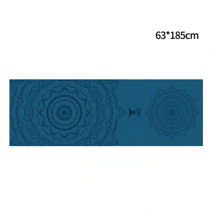 Blue anti-slip yoga mat with superfine fibre surface showing 65x185cm dimensions and 0.4mm thickness
