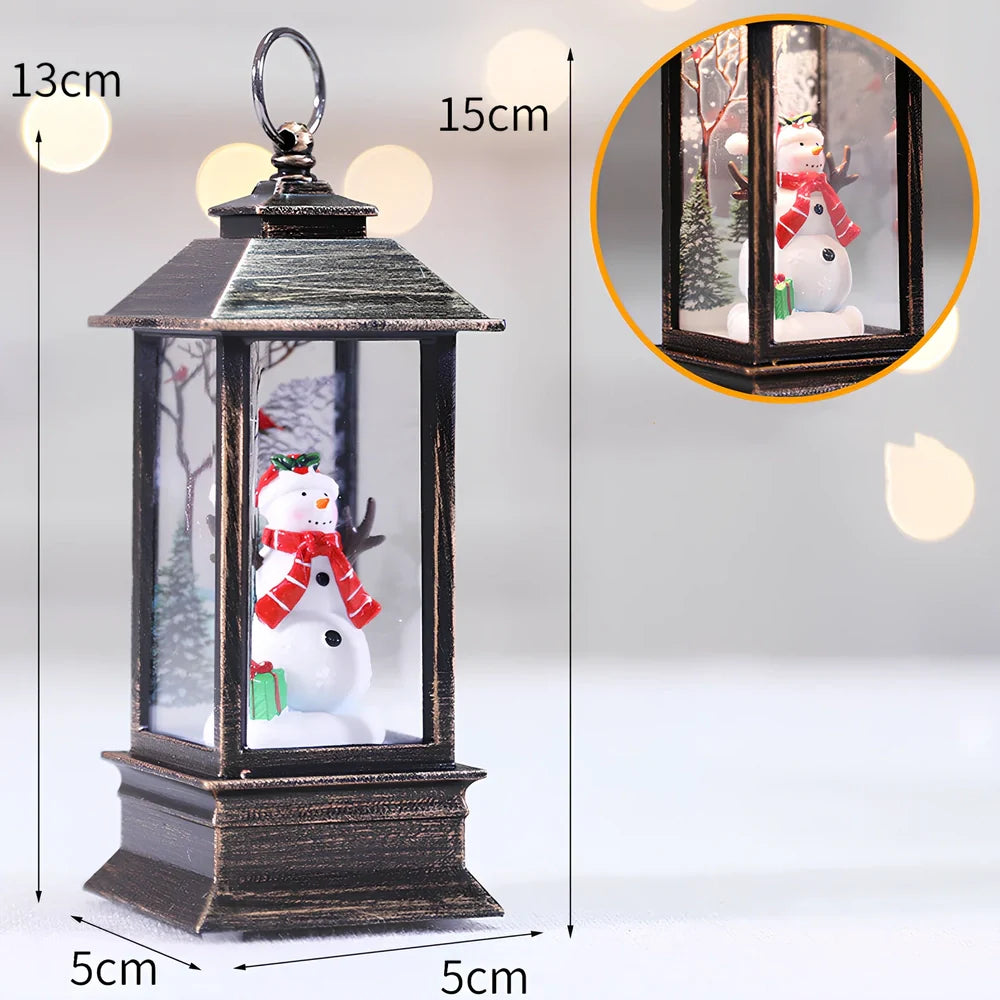Compact 13cm Christmas LED flame small oil lamp in snowman motif on wooden shelf, square plastic base with flickering electronic light