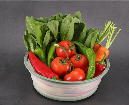 Collapsible microwave cover, colander, and fruit plate in various colors - a versatile kitchen accessory for cooking, draining, and serving