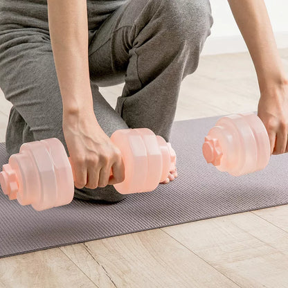 Mini Portable Plastic Water Dumbbell in transparent pink and light gray for adjustable resistance workouts