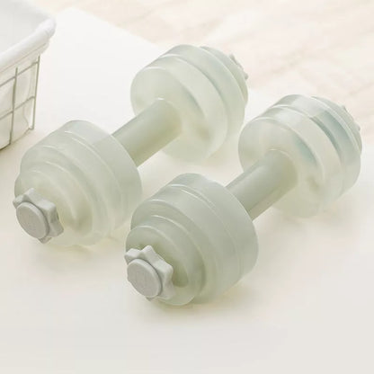 Mini Portable Plastic Water Dumbbell in transparent pink and light gray for adjustable resistance workouts