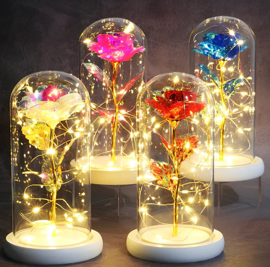 Glass dome LED rose flower micro landscape with gold petals and black base
