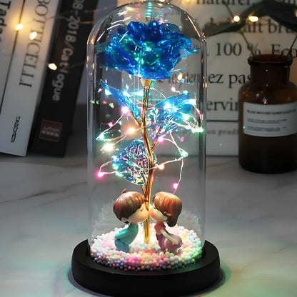 Glass dome LED rose flower micro landscape with gold petals and black base