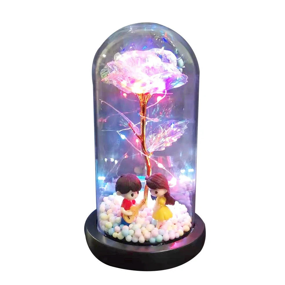Glass dome LED rose flower micro landscape with gold petals and black base
