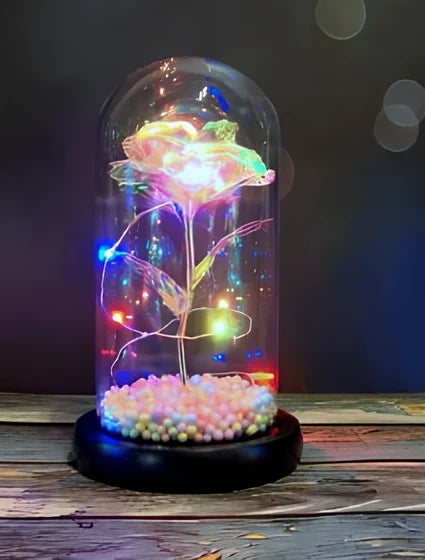 Glass dome LED rose flower micro landscape with gold petals and black base