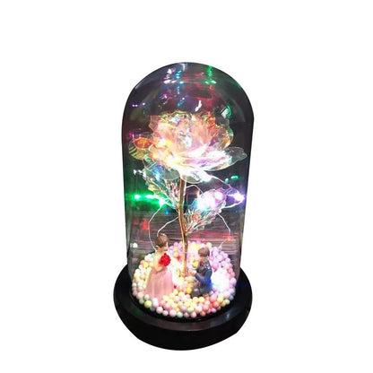 Glass dome LED rose flower micro landscape with gold petals and black base