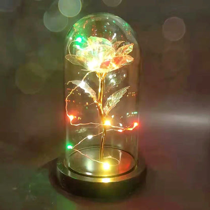 Glass dome LED rose flower micro landscape with gold petals and black base