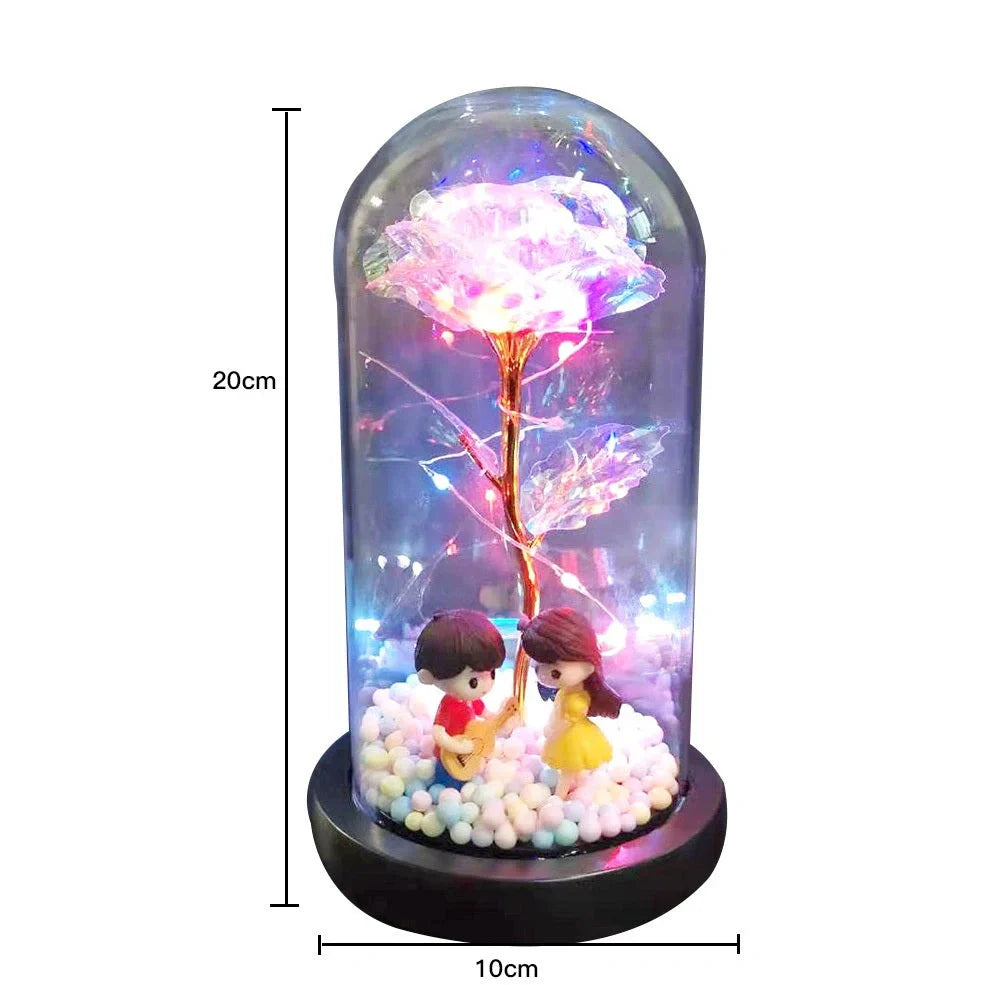 Glass dome LED rose flower micro landscape with gold petals and black base