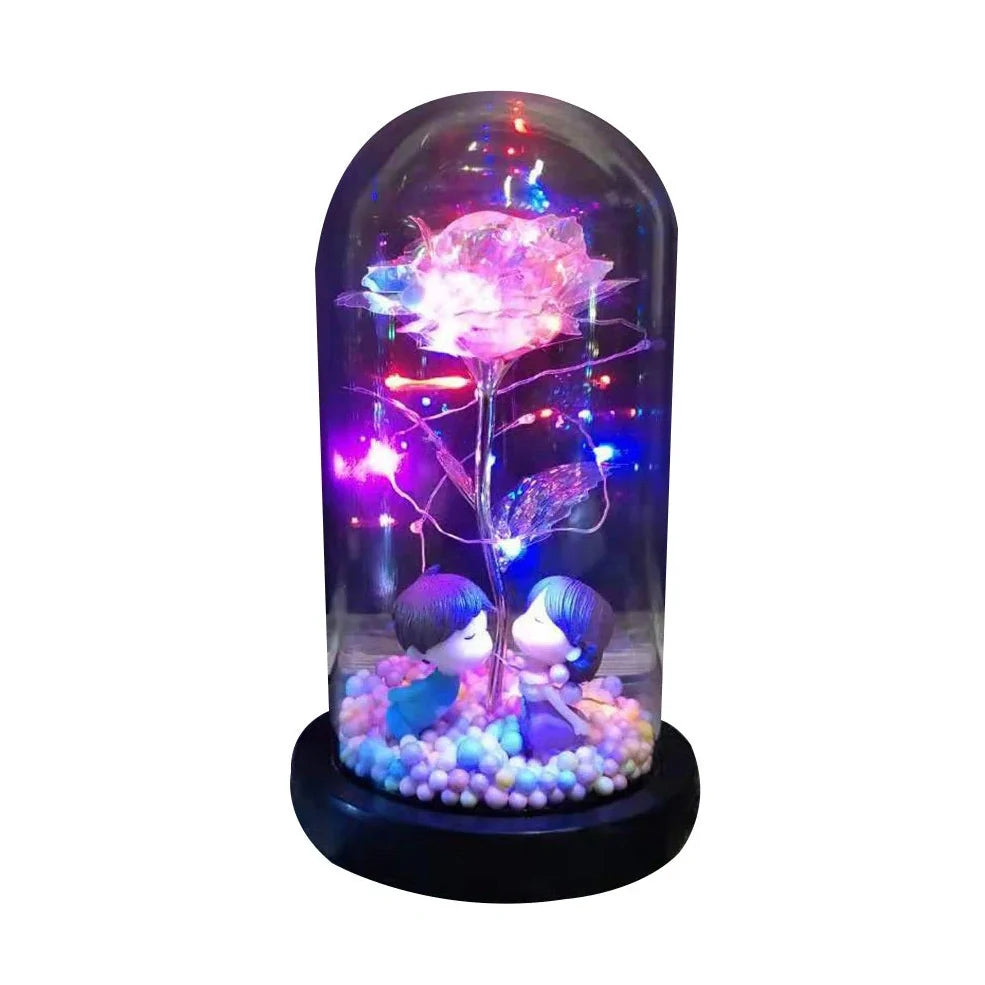 Glass dome LED rose flower micro landscape with gold petals and black base