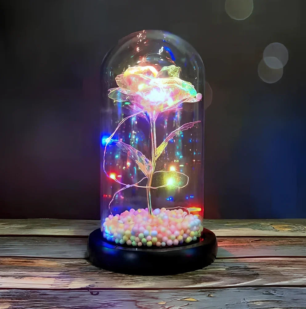 Glass dome LED rose flower micro landscape with gold petals and black base