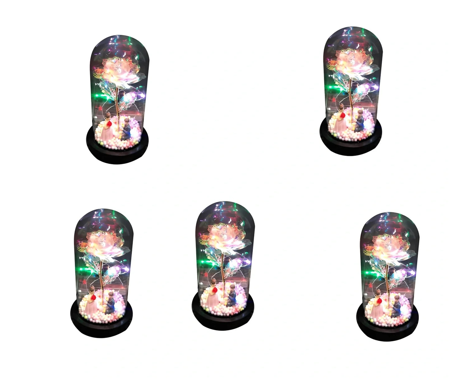 Glass dome LED rose flower micro landscape with gold petals and black base