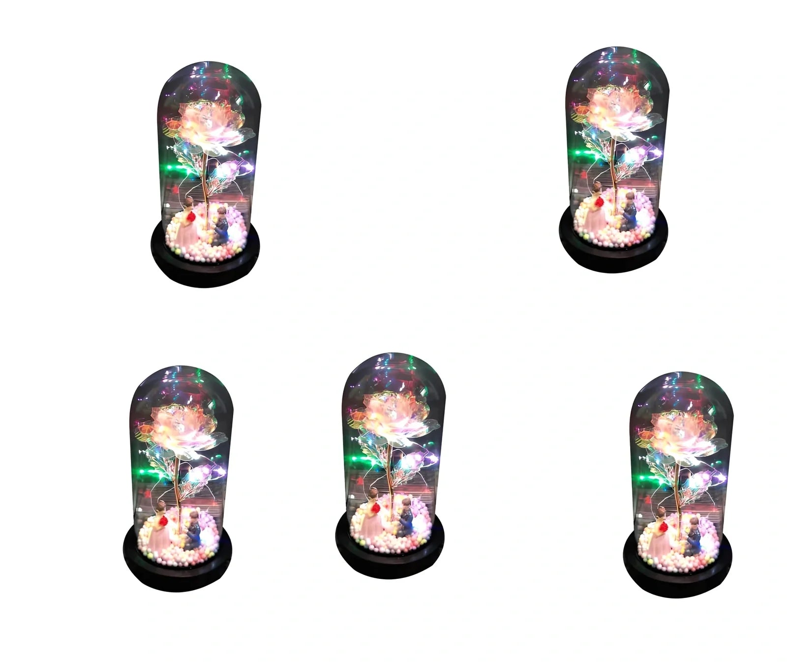 Glass dome LED rose flower micro landscape with gold petals and black base