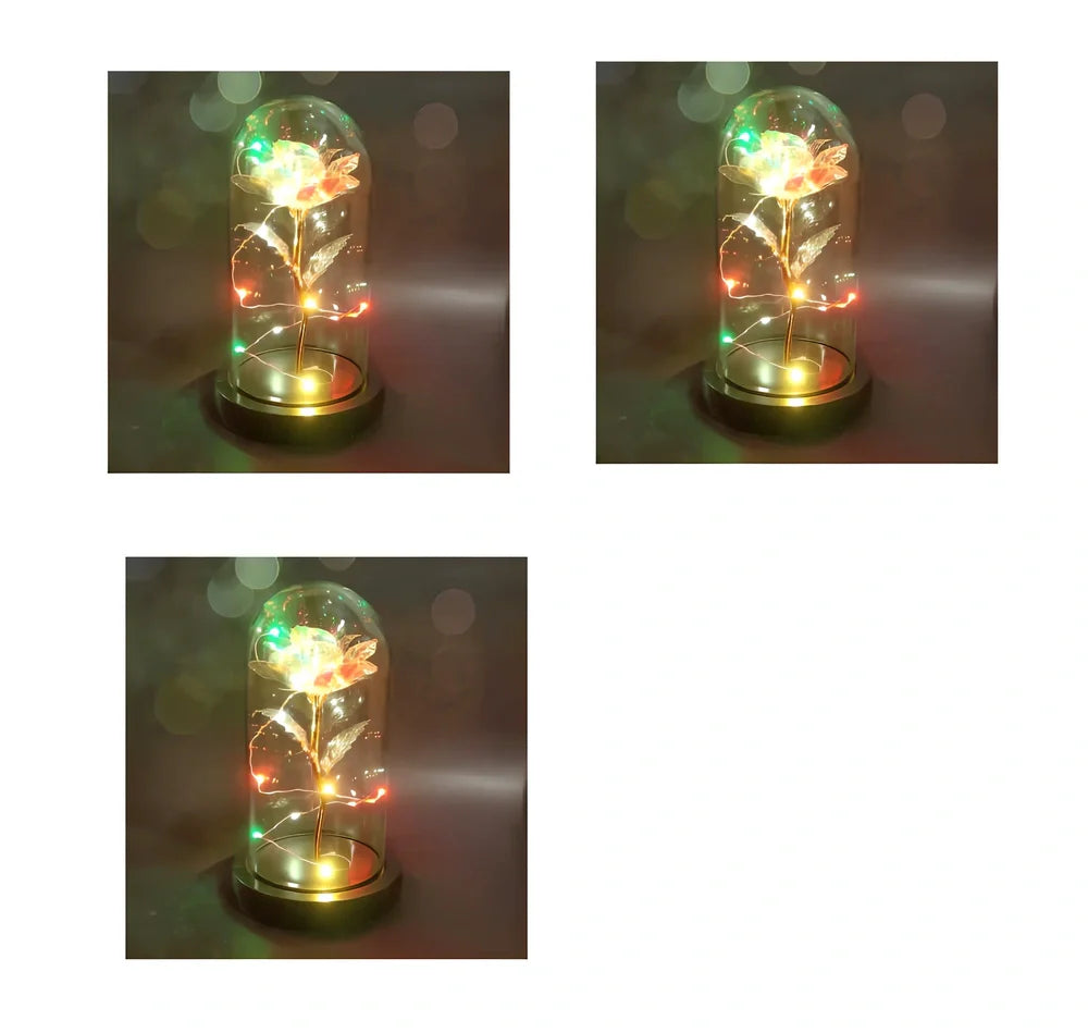 Glass dome LED rose flower micro landscape with gold petals and black base
