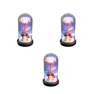 Glass dome LED rose flower micro landscape with gold petals and black base