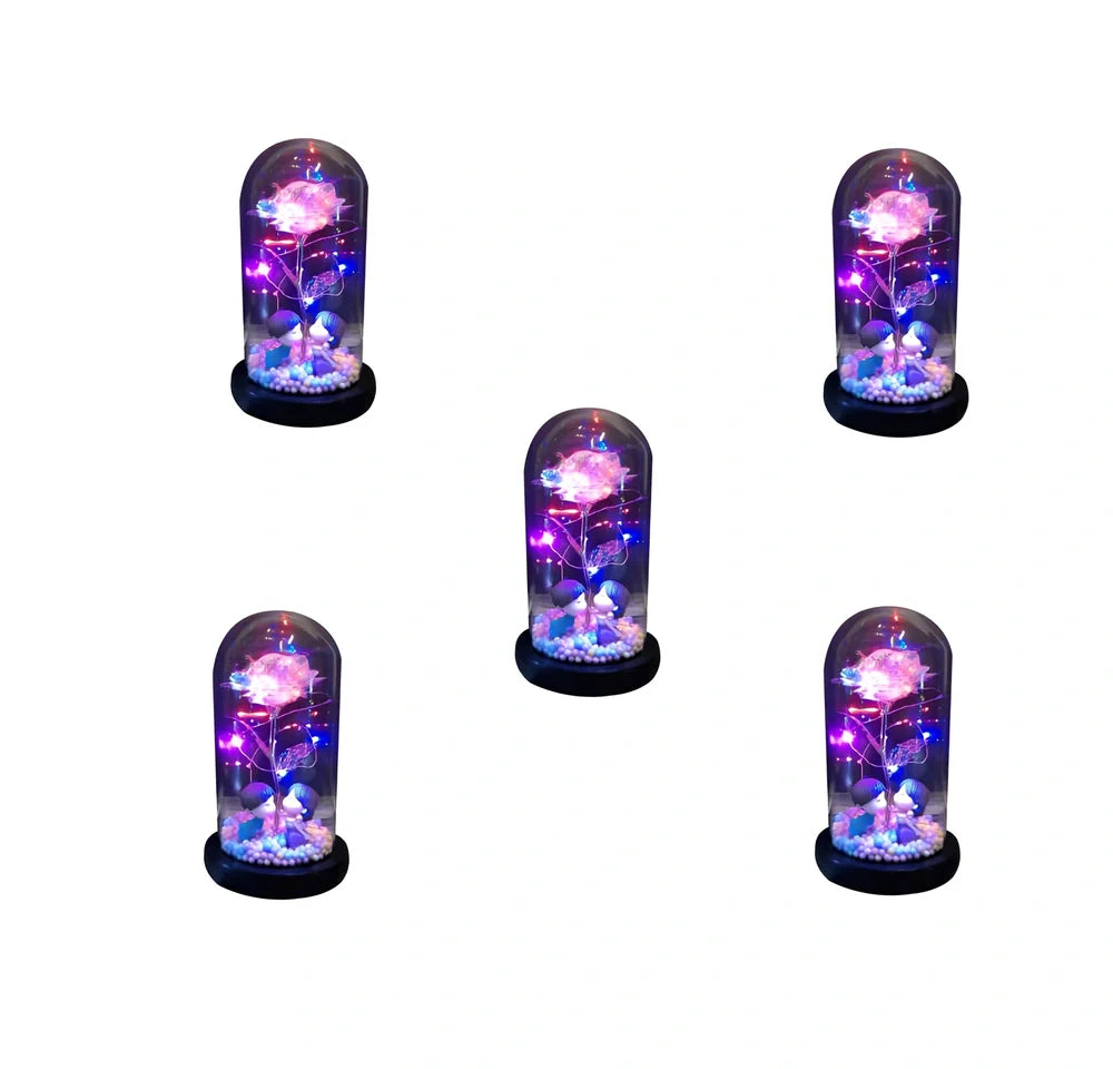 Glass dome LED rose flower micro landscape with gold petals and black base