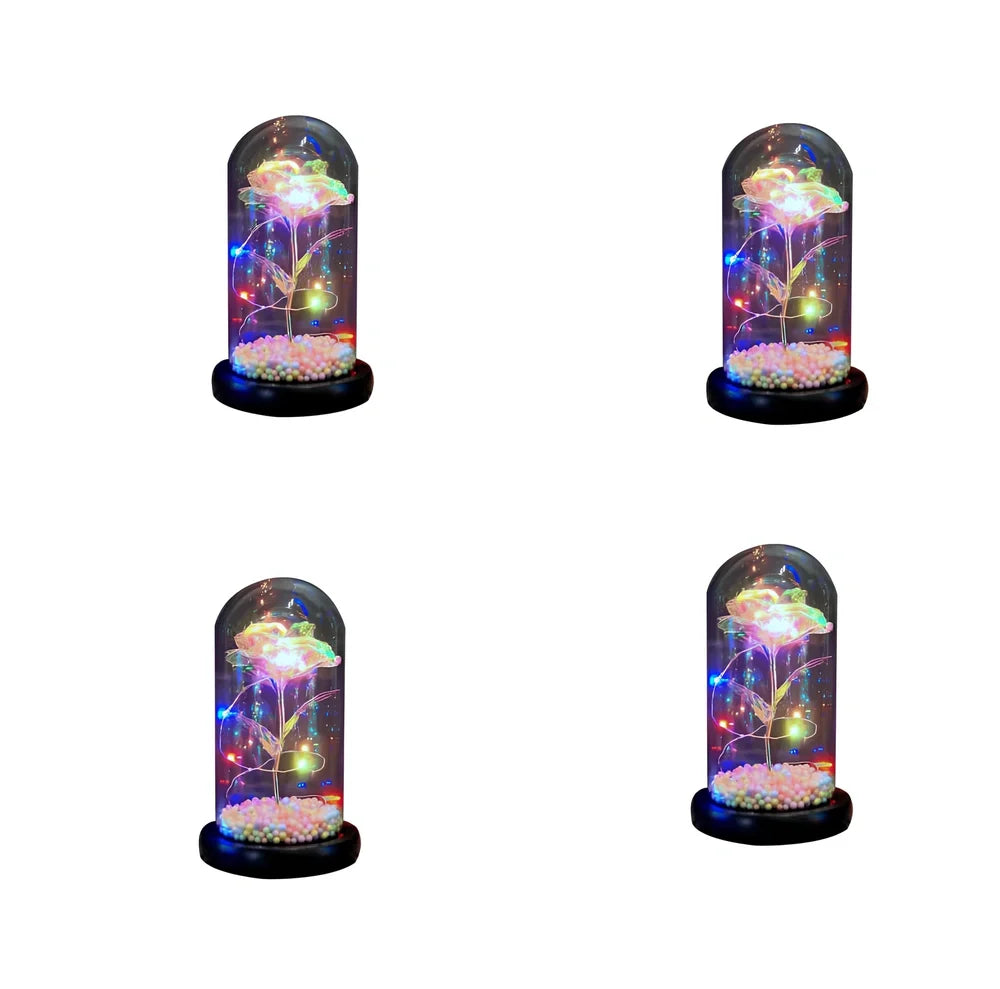 Glass dome LED rose flower micro landscape with gold petals and black base