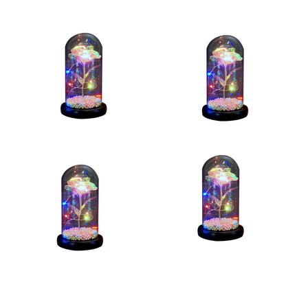 Glass dome LED rose flower micro landscape with gold petals and black base