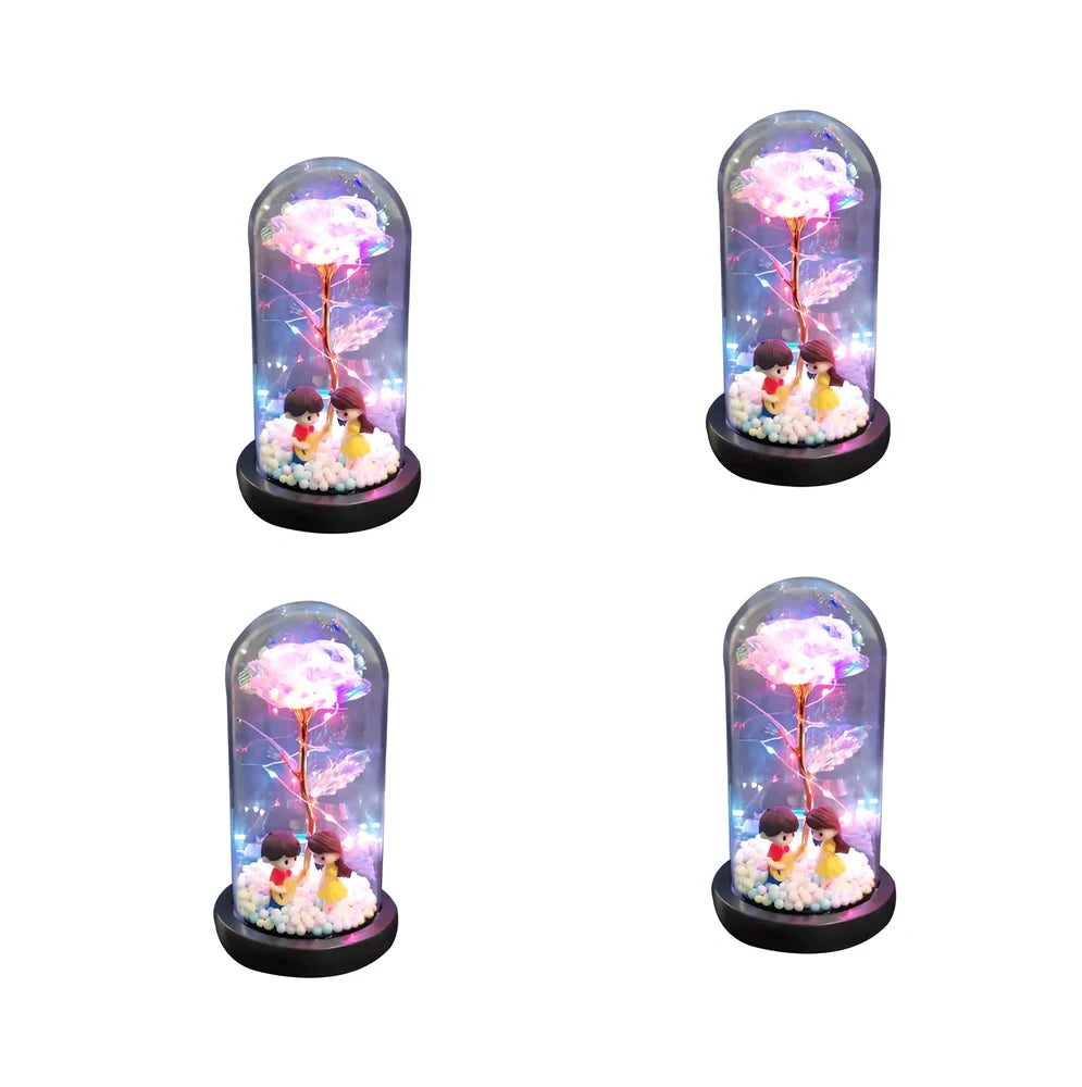 Glass dome LED rose flower micro landscape with gold petals and black base