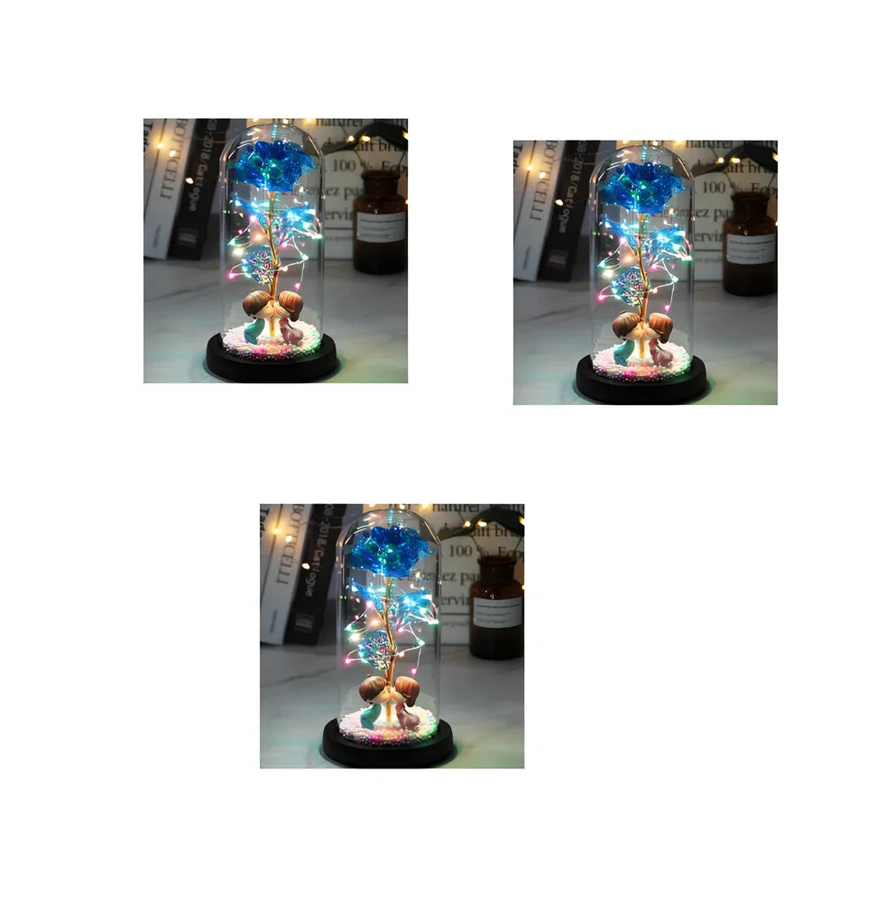 Glass dome LED rose flower micro landscape with gold petals and black base