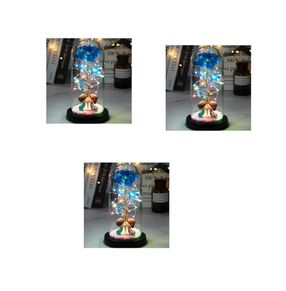 Glass dome LED rose flower micro landscape with gold petals and black base