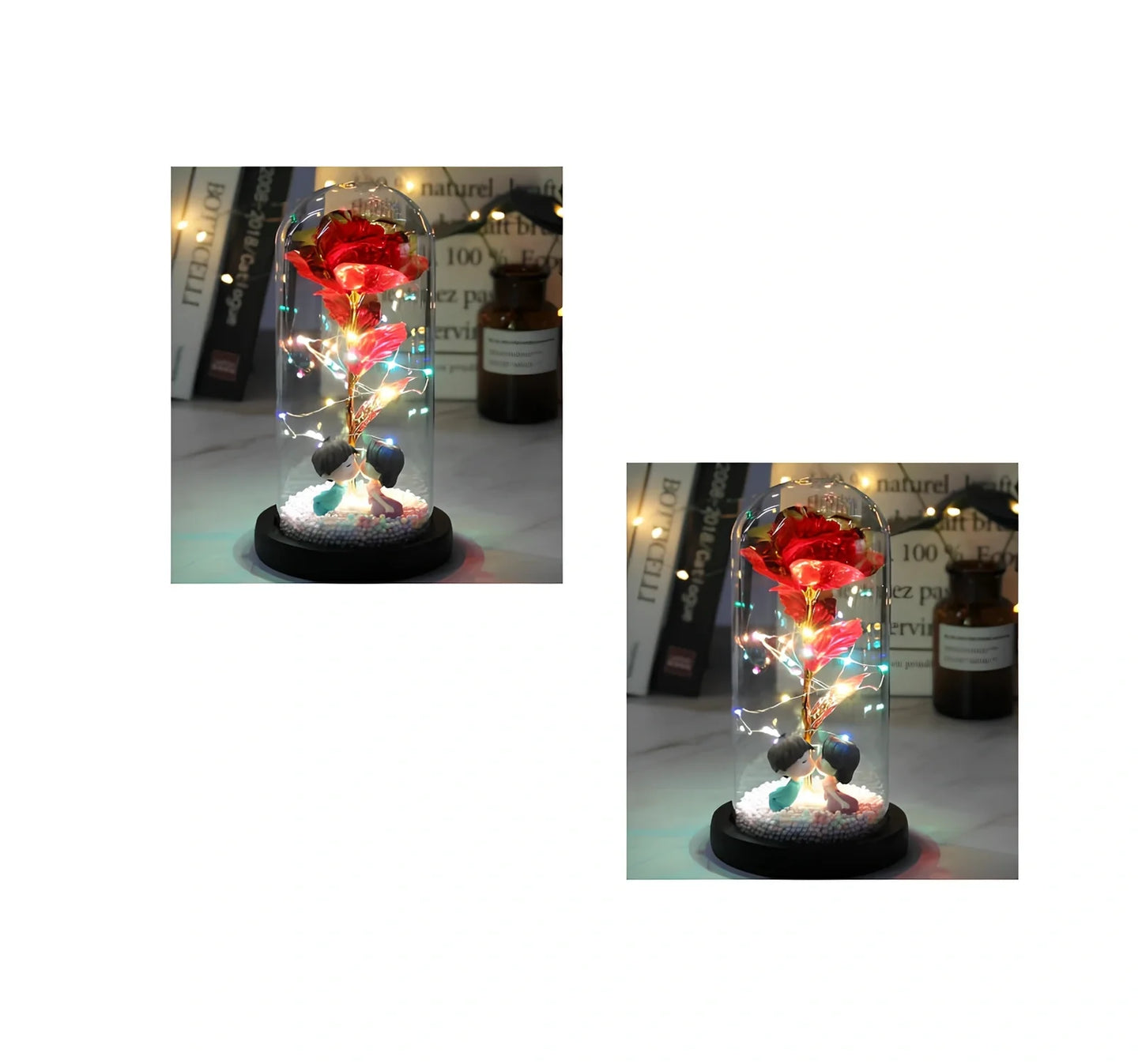 Glass dome LED rose flower micro landscape with gold petals and black base