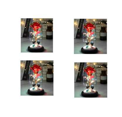 Glass dome LED rose flower micro landscape with gold petals and black base